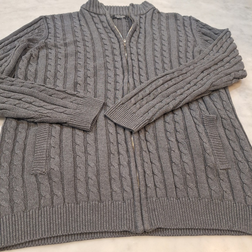 Coofandy Chunky Cable Cardigan Sweater Mens Large Gray Knit Full Zip Mock Neck